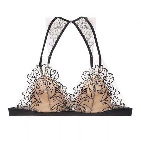 French Style Sexy Lace Embroidery Triangle Cup Bra No Wire Breathable Cross Back Mesh Lingerie For Women