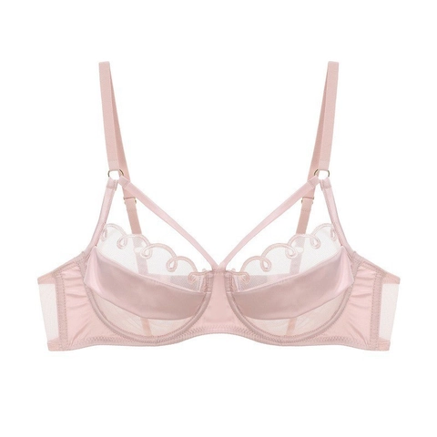 Women French Sexy Ultra-thin Mesh Breathable Bra Underwired Lace Embroidery Satin Lingerie Cross Straps Push Up Bra