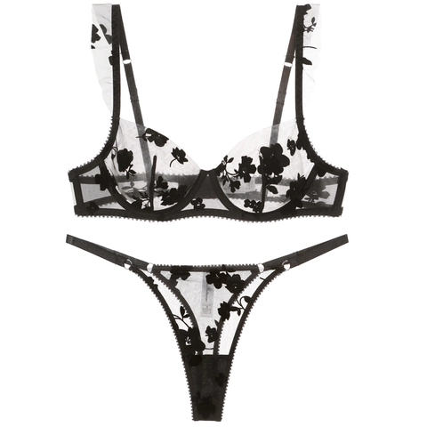 Set Reggiseno Sexy da Donna in Pizzo con Ricamo Floreale Francese con Ferretto Ultrasottile in Rete con Giarrettiera