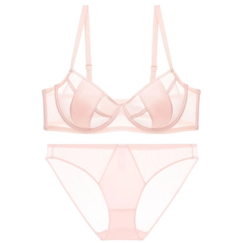 Women French Style Sexy Lingerie Bra And Panty Set Transparent Mesh Satin Splicing Underwire Ultra Thin Intimates