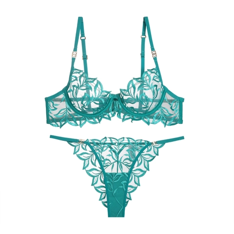 Ensemble de Soutien-Gorge et Culotte en Dentelle Brodée Style Français Avec Armatures Broderie de Feuilles Mesh Femme