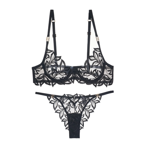 Ensemble de Soutien-Gorge et Culotte en Dentelle Brodée Style Français Avec Armatures Broderie de Feuilles Mesh Femme