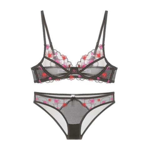 Set di Lingerie Sexy Francese in Rete Ultrasottile con Ricamo a Cuore Pizzo Reggiseno con Ferretto e Mutandine per Donna
