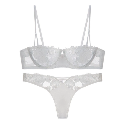 French Sexy Ultra Thin Rose Embroidery Lace Bra And Thong For Women Underwire Mesh Splicing Lingerie Large Breast Small Underwear