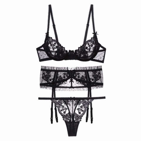 Women Sexy French Lace Lingerie Bra Garter Belt And Thong Sheer Floral Embroidery Wired Underwear Bow Knot Decorative