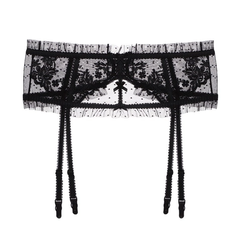 French Sexy Lace Garter Belt For Women Transparent Floral Embroidery Mesh Adjustable Straps Bow Decorative Waist Cincher
