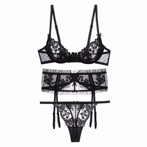 Lingerie Sexy Française en Dentelle pour Femme Soutien-Gorge Porte-Jarretelles Et String Broderie Florale Sous-Vêtement À Armatures