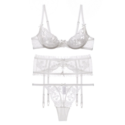 Lingerie Sexy Française en Dentelle pour Femme Soutien-Gorge Porte-Jarretelles Et String Broderie Florale Sous-Vêtement À Armatures