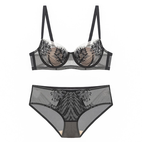 Women French Style Lace Embroidery Bra And Panty Sexy Push Up Underwear Floral Mesh Lingerie With Underwire Elegant Outfit