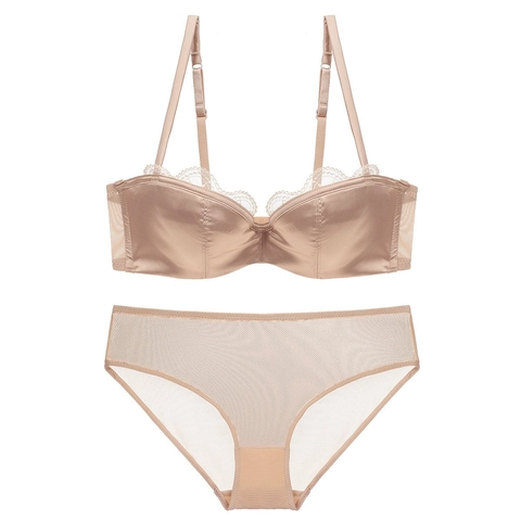 Sexy Lace Satin Bra And Panty Top And Bottom For Women Deep V Half Cup Push Up Seamless Lingerie Underwear Nylon Spandex