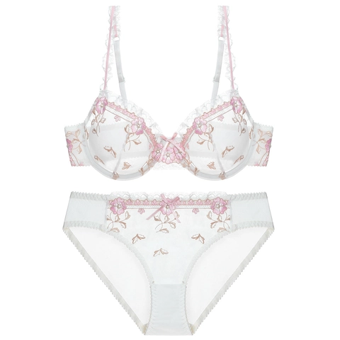 Women Sexy Ultra-thin Perspective Embroidery Lace Bra And Panty Floral Mesh Underwire Supportive Lingerie Romantic Style