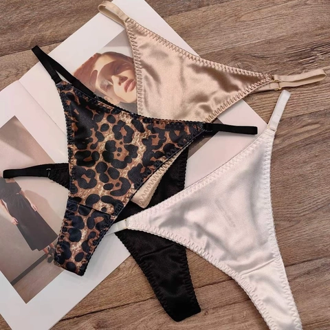 Tanga de Satén Sexy para Mujer G-String Ajustable sin Costuras Cintura Baja Estampado de Leopardo Liso Ropa Interior Transpirable de Algodón