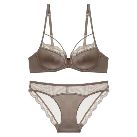 Damen Sexy Französisch Dünne Spitze Dessous Set Vorderverschluss Satin BH Und Slip Set Push Up Atmungsaktive Unterwäsche
