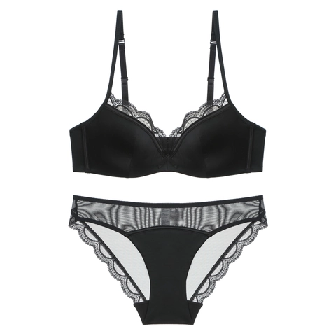 French Style Glossy Satin Lace Bra And Panties For Women Sexy Breathable Push Up Lingerie Underwear For Summer