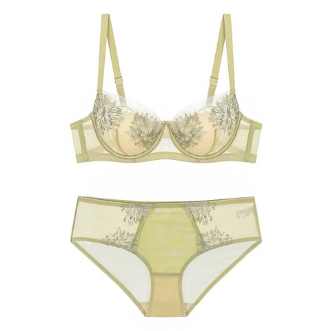 Women French Style Lace Embroidery Bra And Panty Sexy Push Up Underwear Floral Mesh Lingerie With Underwire Elegant Outfit
