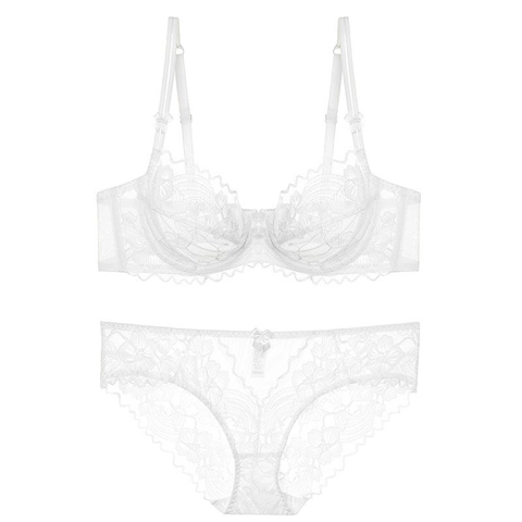 Women's Sexy Lace Bra And Panties Lingerie Floral Ultra Thin Transparent Underwire French Style Underwear