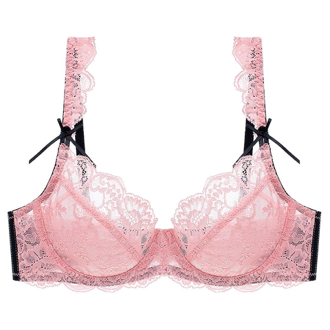 Damen Sexy Ultradünner Blumen Spitze Büstenhalter Atmungsaktiv Minimizer Unterwäsche Mit Schleife Französisch Vintage Stil BH