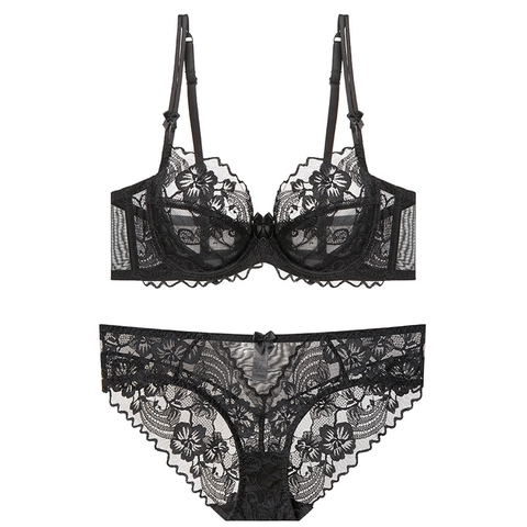Women's Sexy Lace Bra And Panties Lingerie Floral Ultra Thin Transparent Underwire French Style Underwear