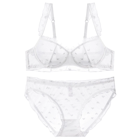 Ensemble Soutien-Gorge Et Culotte Sexy En Dentelle Pour Femmes Style Français Lingerie En Maille Ultra-Mince Broderie Cœur Avec Armature Souple