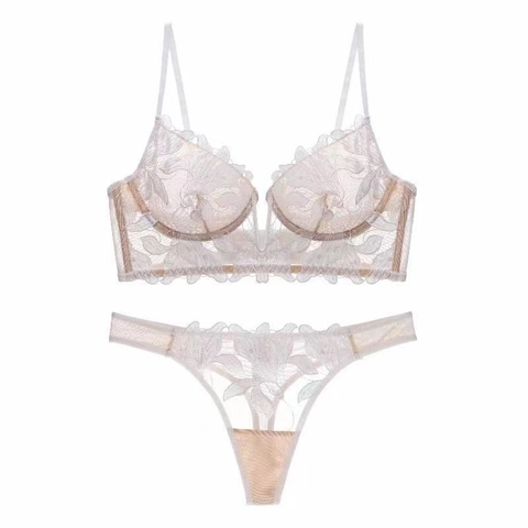 Women Sexy Lace Lingerie Deep V Floral Embroidery Ultra Thin Underwired Bra And Panty Two Combination Underwear