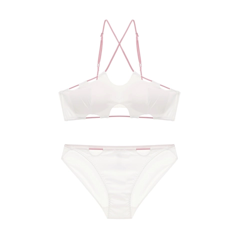 Sexy French Halter Lingerie Set Women Wireless Gathered Bra And Panty Contrast Color Criss Cross Back Hollow Out Underwear