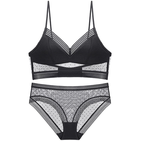 Lingerie Francese Sexy in Pizzo a Pois Con Reggiseno E Mutandine Sottile Senza Ferretto Schiena Scoperta a U Per Donna