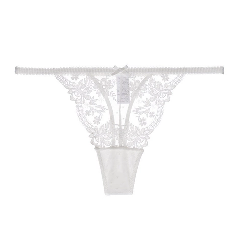 Sous-vêtements Sexy en Dentelle pour Femmes String Broderie Florale Taille Basse T-Back Culottes Transparent Ajouré avec Nœud