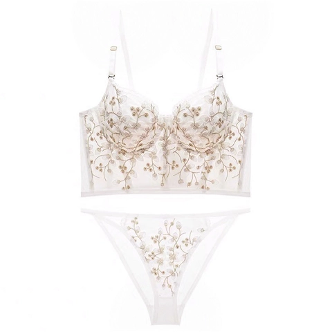 Ensemble Lingerie Broderie Dentelle Luxe Style Palais Français Pour Femmes Soutien-Gorge Armatures Souples Et Culotte Ensemble