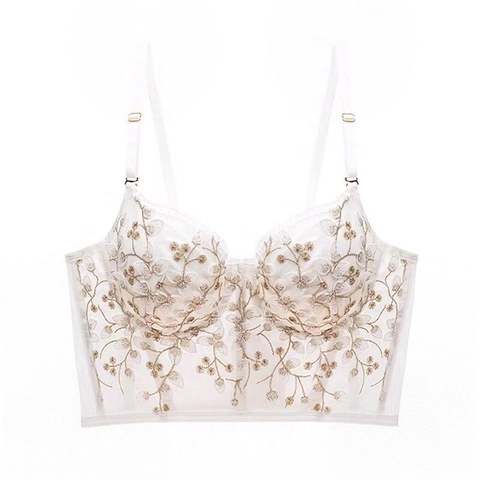 Reggiseno con Ferretto in Pizzo Ricamato Vintage Francese Bustier in Rete Floreale Sexy per Donna Push Up Spalline Regolabili
