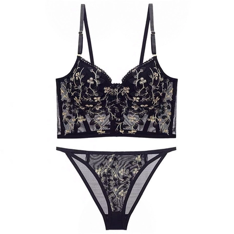 Ensemble Lingerie Broderie Dentelle Luxe Style Palais Français Pour Femmes Soutien-Gorge Armatures Souples Et Culotte Ensemble