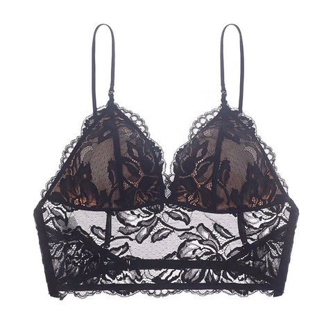Bralette Sexy de Encaje Francés Bordado Floral Mujer Espalda en U Sin Aros Copa Triangular Tirantes Ajustables Sujetador