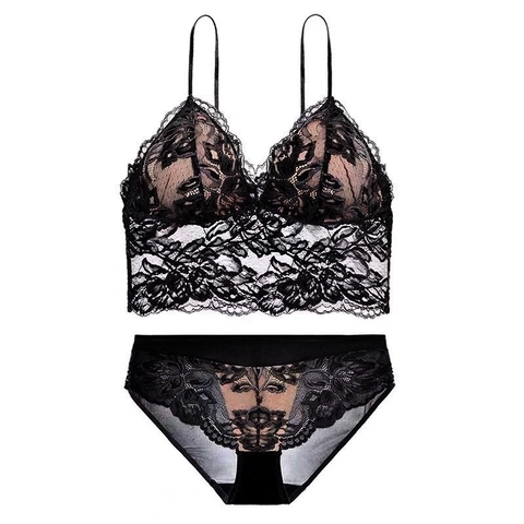 Französische Sexy Spitze Lingerie Blumenstickerei Kabelloses Bralette Und Passender Slip Dünne Cup Weste Stil Unterwäsche Für Damen