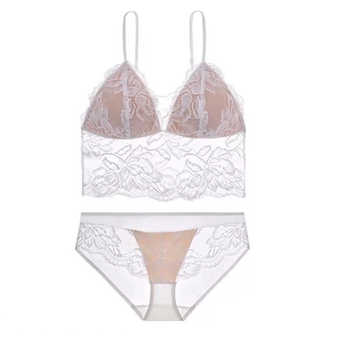 Französische Sexy Spitze Lingerie Blumenstickerei Kabelloses Bralette Und Passender Slip Dünne Cup Weste Stil Unterwäsche Für Damen