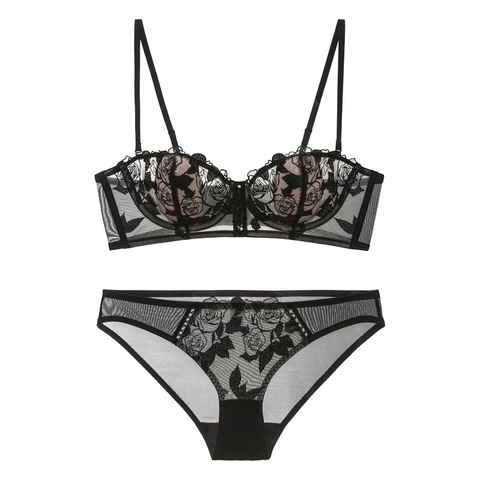 French Sexy Rose Floral Embroidery Lace Lingerie Set For Women Sheer Mesh Bra And Panties Underwear With Soft Underwire