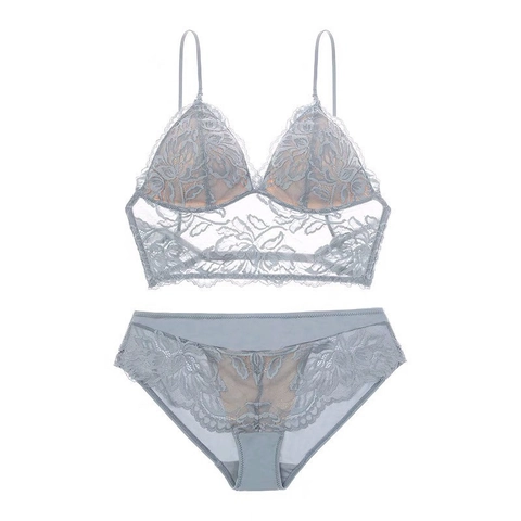 Set di Lingerie Sexy in Pizzo Francese Reggiseno a Triangolo Senza Ferretto E Mutandine Ricamo Floreale Traspirante Schiena a U Donna