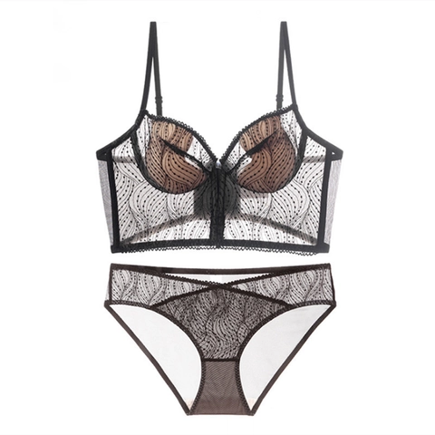 French Embroidered Lace Lingerie Bra And Panties Soft Steel Ring Push Up Sexy Underwear For Women Breathable Mesh Top Bottom