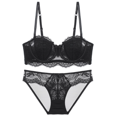 Élégant Ensemble Soutien-Gorge Et Culotte En Nylon Élasthanne Dentelle Florale Pour Femme Lingerie Armatures Bonnet 1/2 Avec Nœud