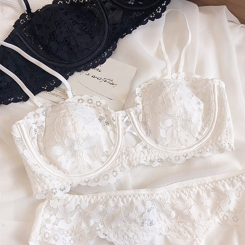 Sexy Französischer Stil Spitzenstickerei BH Und Slip Set Dünne Baumwolle Halbschale Weicher Bügel Push Up Damen Lingerie Set