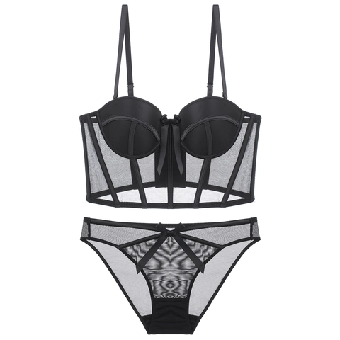 Conjunto de Sujetador y Braga Bustier Vintage Francés Sexy Malla Varillas Push Up Lingerie Con Lazo Ropa Interior Mujer