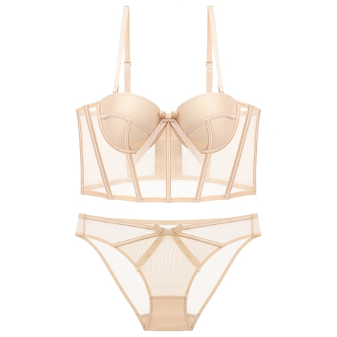 Conjunto de Sujetador y Braga Bustier Vintage Francés Sexy Malla Varillas Push Up Lingerie Con Lazo Ropa Interior Mujer