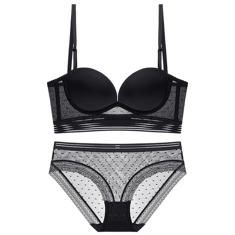 Lencería Sexy Con Espalda Baja Para Mujer Sujetador Sin Espalda En U Y Bragas De Malla Con Lunares Ropa Interior Sin Costuras