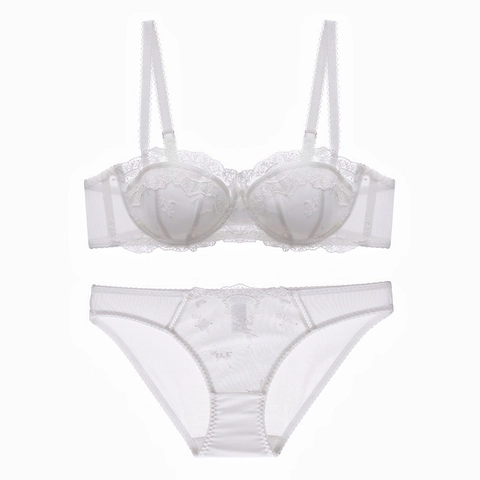 Lingerie da Donna Sexy in Pizzo Francese con Ricamo Reggiseno con Ferretto Morbido e Mutandine in Mesh Traspirante Push Up