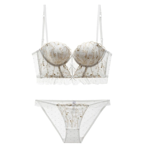 Luxury Lace Embroidered Bra And Panty Top And Bottom Women Sexy Floral Push Up U-Back Lingerie For Women