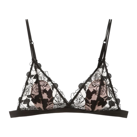 Sujetador Sin Aros de Encaje Sexy Estilo Francés Bordado de Rosas Para Mujer Copa Triangular Bralette de Malla Fina Cómodo