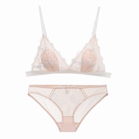 Ensemble Soutien-gorge et Culotte en Dentelle Broderie Rose Style Français Sexy Sans Armatures Bonnet Triangle Mince Femme
