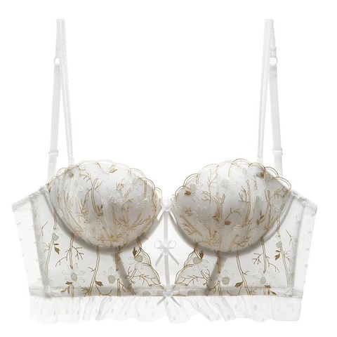 Soutien-gorge Femme Été Dos Nu en Dentelle Broderie Push Up Mesh à Pois Volants Style Gilet Bralette Lingerie Sexy