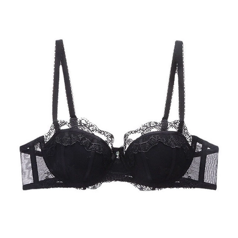 Französischer Sexy Bestickter Spitze BH Für Damen Push Up Atmungsaktiv Dünn Mit Bügel Unterwäsche Blumen Netz Strass Dekor Bralette