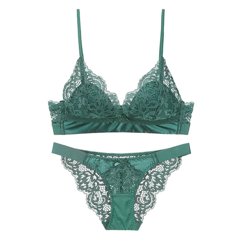 Frans Sexy Kant Beha en Slip Combinatie Zonder Beugel Dunne Katoenen Driehoek Cup Floral Lingerie Voor Vrouwen Grote Buste Lijkt Kleiner