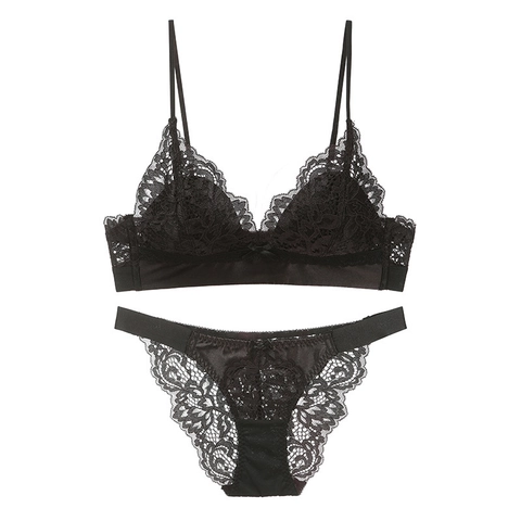 Frans Sexy Kant Beha en Slip Combinatie Zonder Beugel Dunne Katoenen Driehoek Cup Floral Lingerie Voor Vrouwen Grote Buste Lijkt Kleiner