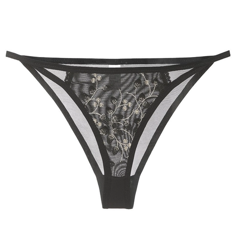 Culottes en Maille Brodée de Dentelle Française Sexy pour Femmes Taille Basse Respirant Ajouré Nylon String Slips Motif Floral Sous-vêtements